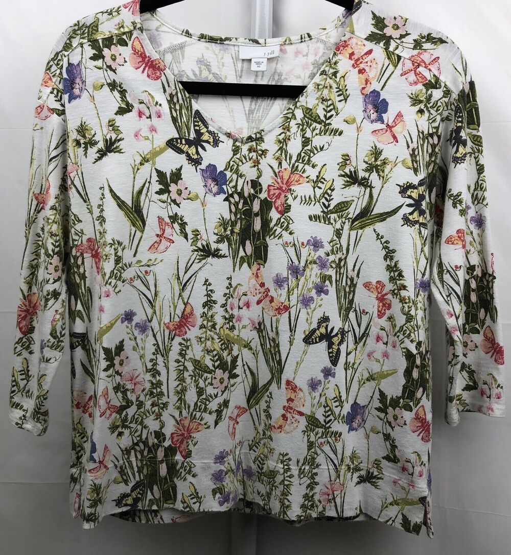 J Jill Top Women XS Multi Floral Butterfly V Neck 3/4 Sleeves Cotton Modal Tee
